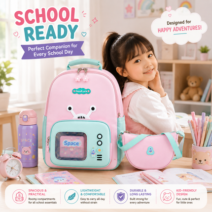 Kids School Backpack with Matching Sling Bag B (Pink)