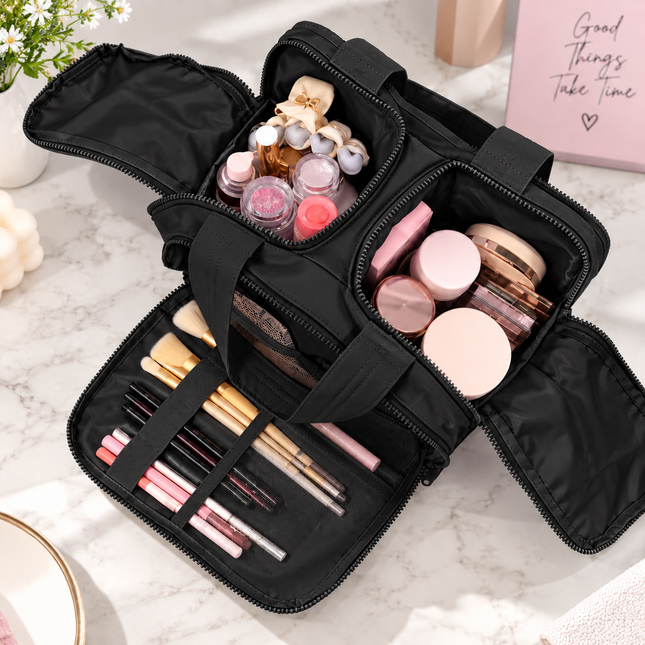 Premium Quilted 2-Side Opening Makeup & Travel Organizer Bag(Black)
