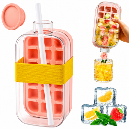 2-in-1 Ice Cube Tray Bottle with Straw, Pink