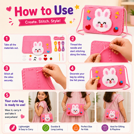 Handmade DIY Felt Shoulder Bag Craft Kit for Kids(Pink)