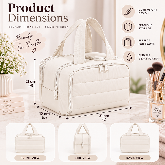 Premium Quilted 2-Side Opening Makeup & Travel Organizer Bag(Off white)