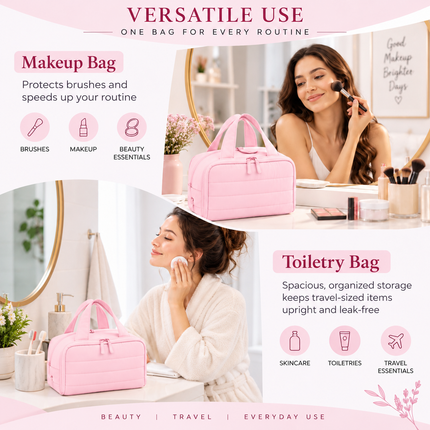 Premium Quilted 2-Side Opening Makeup & Travel Organizer Bag(Pink)