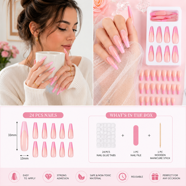 Ready to use Acrylic gel nails -Pink french long ballerina(781-10)