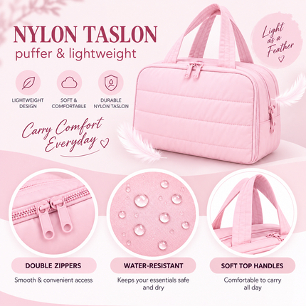 Premium Quilted 2-Side Opening Makeup & Travel Organizer Bag(Pink)
