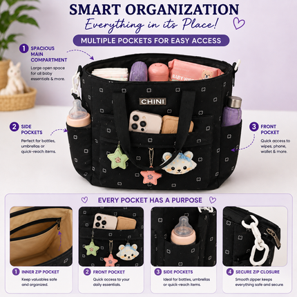 Baby Diaper Bag with Multiple Pockets and Shoulder Strap(Black)