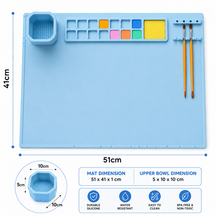 Silicone Painting Mat with Brush Cleaner, Holder & Paint Wells