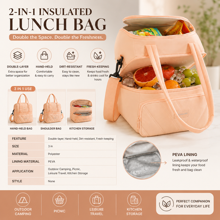 Double Layer Insulated Lunch Bag(Peach)