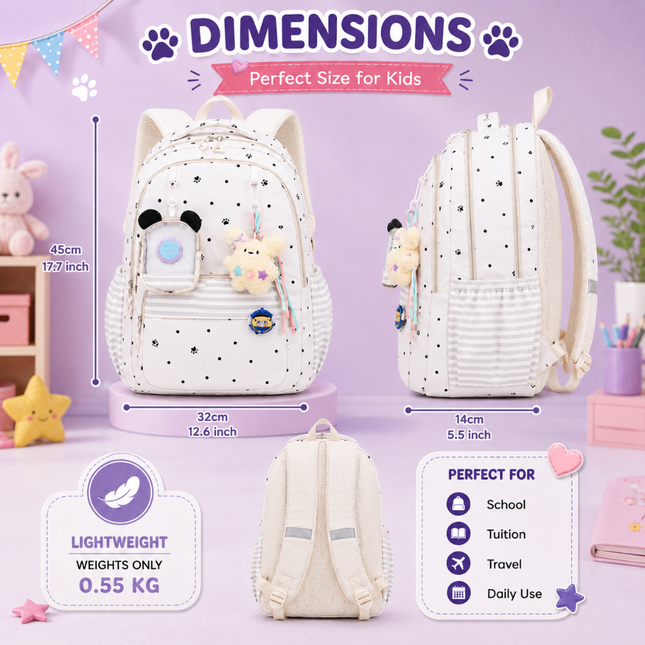 Coslifestore Cute Polka Dot Backpack School Bag with charms, badges and a coin pouch (Off white)