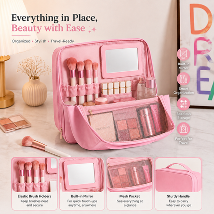 Travel Makeup Organizer Bag with Mirror(Pink)