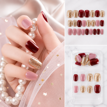 Ready to use Acrylic gel nails-maroon gold and peach(741-12)