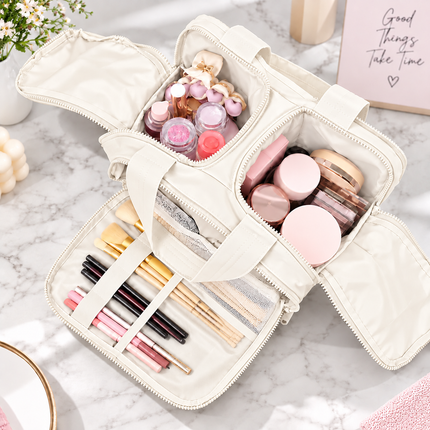 Premium Quilted 2-Side Opening Makeup & Travel Organizer Bag(Off white)