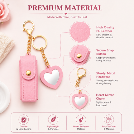 Pink Lipstick Holder Keychain with Heart Mirror Charm