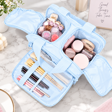 Premium Quilted 2-Side Opening Makeup & Travel Organizer Bag(Sky blue)