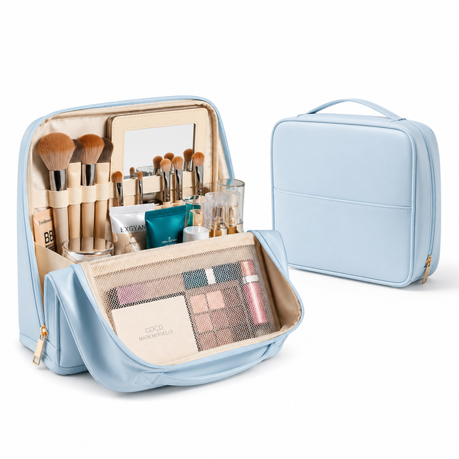 Travel Makeup Organizer Bag with Mirror(Sky blue)