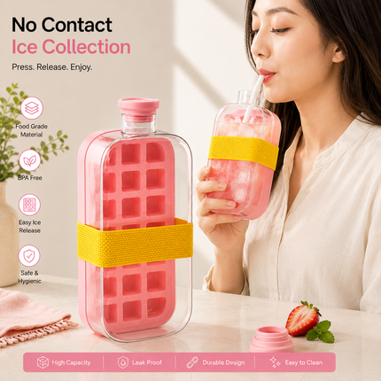 2-in-1 Ice Cube Tray Bottle with Straw, Pink