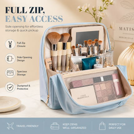 Travel Makeup Organizer Bag with Mirror(Sky blue)
