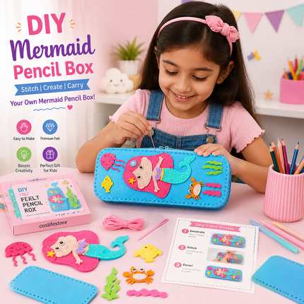 DIY Felt Pencil Case Sewing Kit for Kids with Zipper (Mermaid)