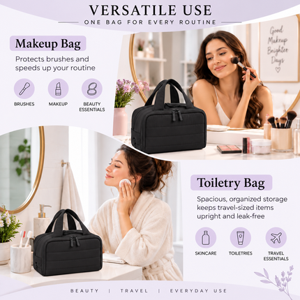 Premium Quilted 2-Side Opening Makeup & Travel Organizer Bag(Black)
