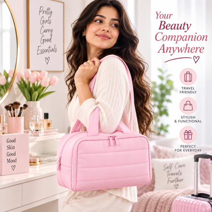 Premium Quilted 2-Side Opening Makeup & Travel Organizer Bag(Pink)