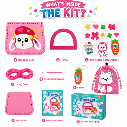 DIY Handbag Making Kit for Girls with 3D Stickers & Charms(Pink)