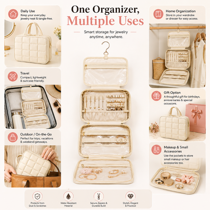 Foldable Travel Jewelry Organizer with Multiple Zip Pockets(White)