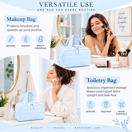 Premium Quilted 2-Side Opening Makeup & Travel Organizer Bag(Sky blue)