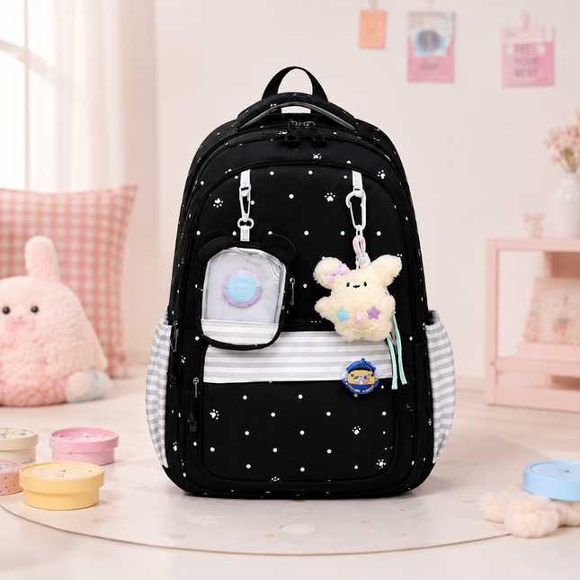 Coslifestore Cute Polka Dot Backpack School Bag with charms, badges and a coin pouch (Black)