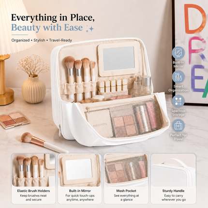Travel Makeup Organizer Bag with Mirror(White)