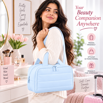 Premium Quilted 2-Side Opening Makeup & Travel Organizer Bag(Sky blue)