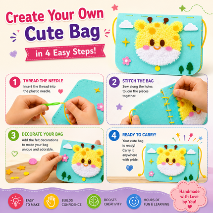 Handmade DIY Felt Shoulder Bag Craft Kit for Kids(Sky blue)
