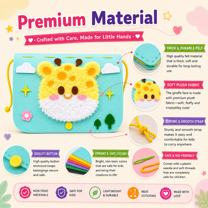 Handmade DIY Felt Shoulder Bag Craft Kit for Kids(Sky blue)