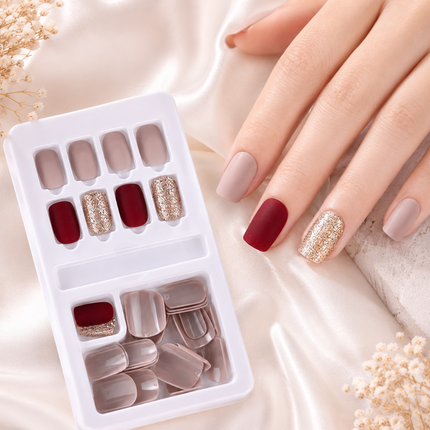 Ready to use Acrylic gel nails-red nude & gold(635-08)