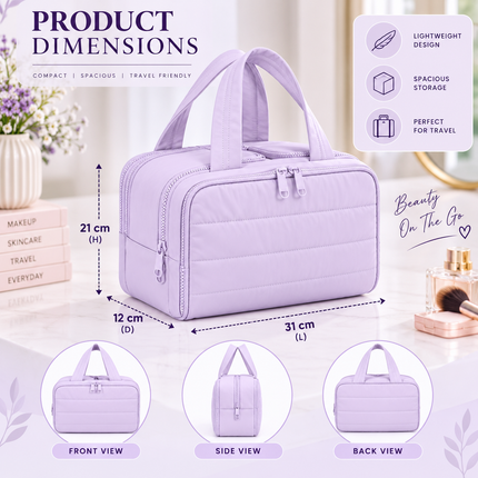 Premium Quilted 2-Side Opening Makeup & Travel Organizer Bag(Lavender)