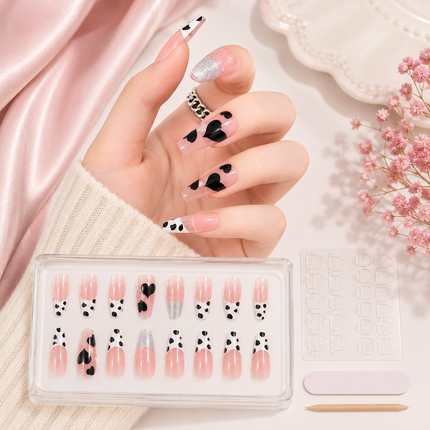 Ready to use Acrylic gel nails- Black and pink dotted (P011-3)