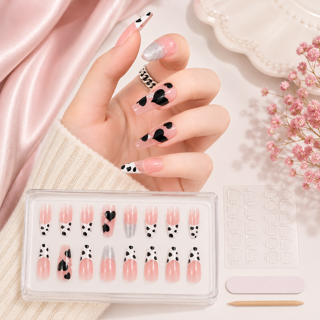 Ready to use Acrylic gel nails- Black and pink dotted (P011-3)