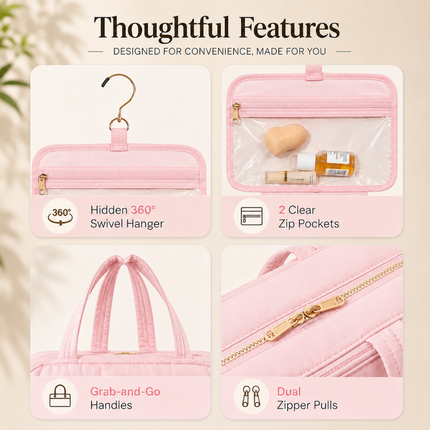 Foldable Travel Jewelry Organizer with Multiple Zip Pockets(Pink)