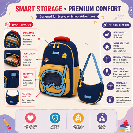 Kids School Backpack with Matching Sling Bag(Navy)