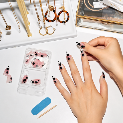 Ready to use Acrylic gel nails- Black and pink dotted (P011-3)