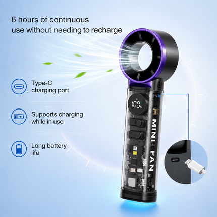 Portable Bladeless Mini Fan with Digital Display, USB Rechargeable