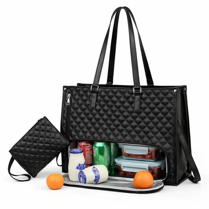 Coslifestore Quilted Tote Bag with Insulated Lunch Box/Laptop Compartment ,contains several pockets 
