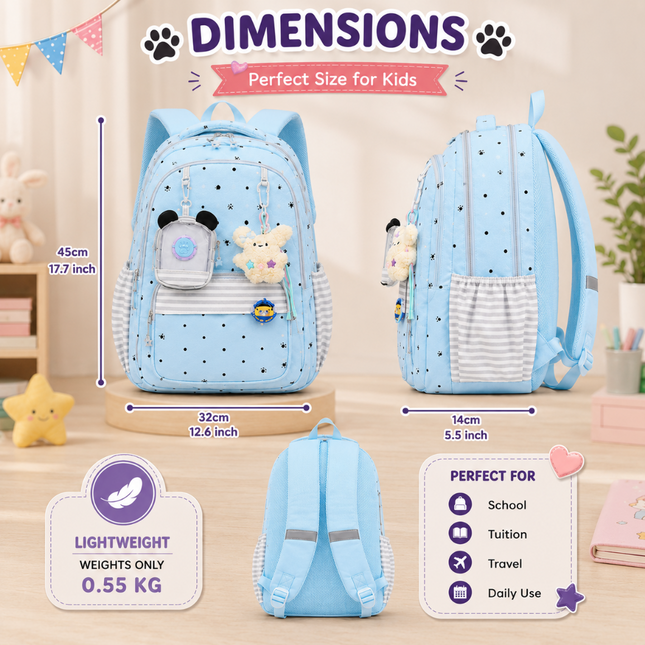 Coslifestore Cute Polka Dot Backpack School Bag with charms, badges and a coin pouch (SKY BLUE)