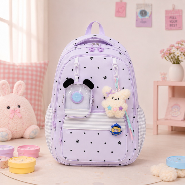 Coslifestore Cute Polka Dot Backpack School Bag with charms, badges and a coin pouch (Lavender)