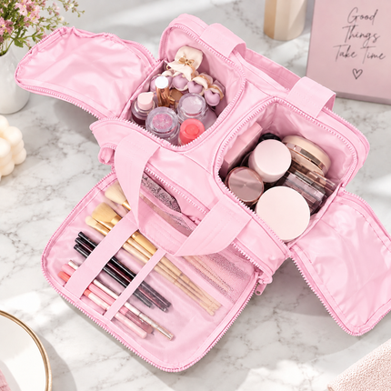 Premium Quilted 2-Side Opening Makeup & Travel Organizer Bag(Pink)