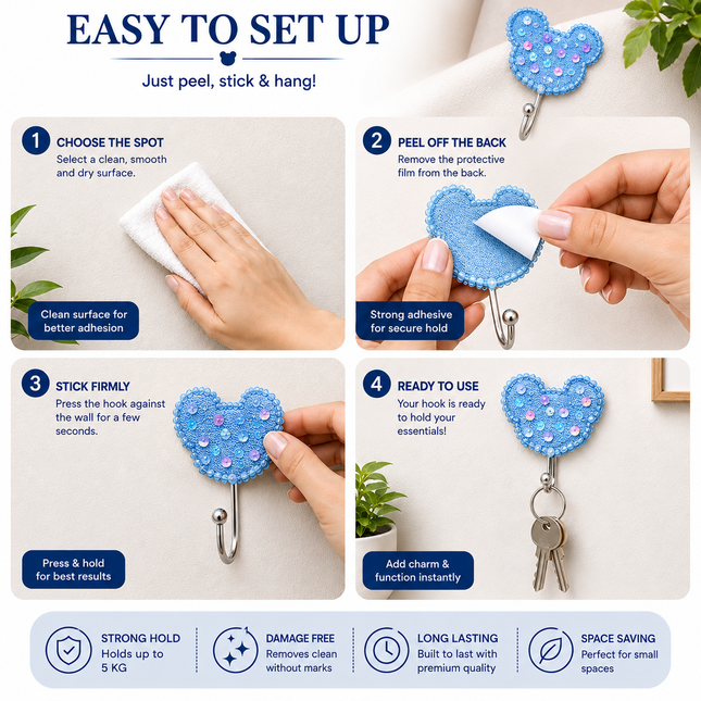 Cute Decorative Wall Hooks Pack of 2 (Teddy)
