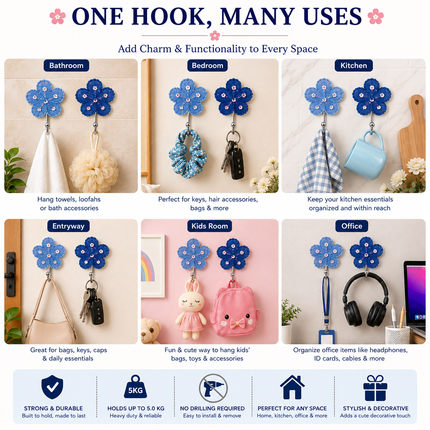 Cute Decorative Wall Hooks Pack of 2 (Flower)