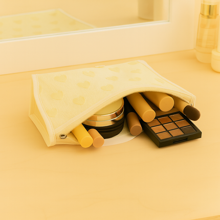 Mesh Cosmetic Pouch with Heart Design(yellow)