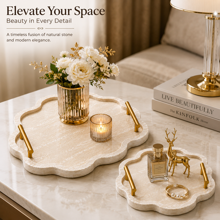 Stone Serving Tray Set of 2 with Gold Handles