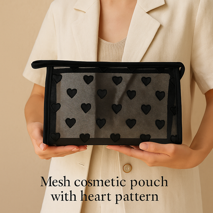 Mesh Cosmetic Pouch with Heart Design (Black)
