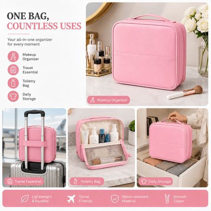 Travel Makeup Organizer Bag with Mirror(Pink)