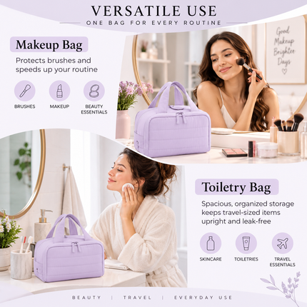 Premium Quilted 2-Side Opening Makeup & Travel Organizer Bag(Lavender)